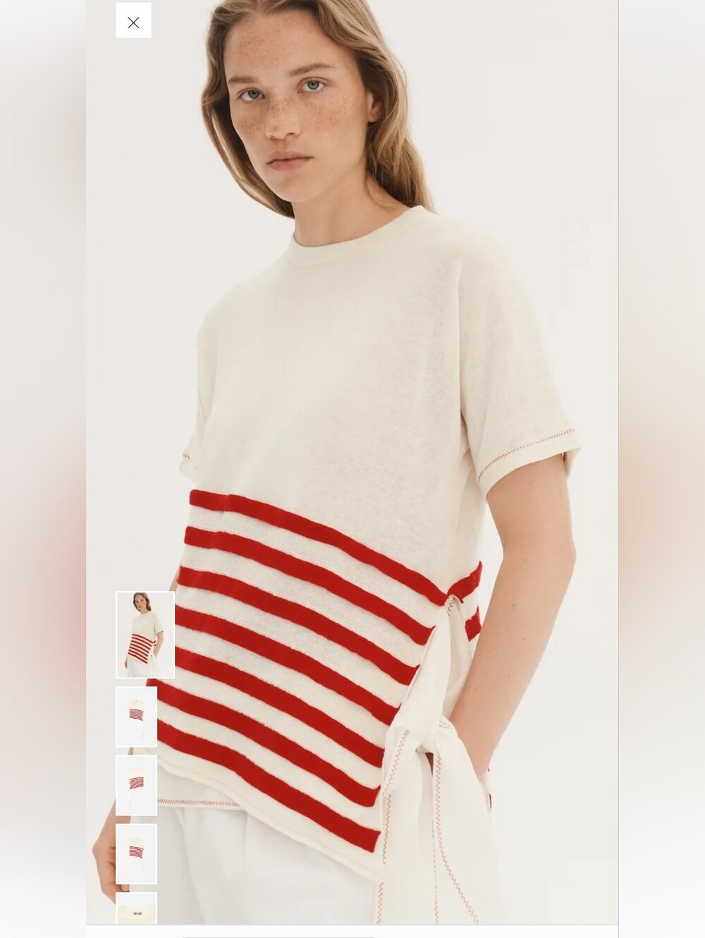 Zara Cream Short-Sleeve Top with Red Stripes